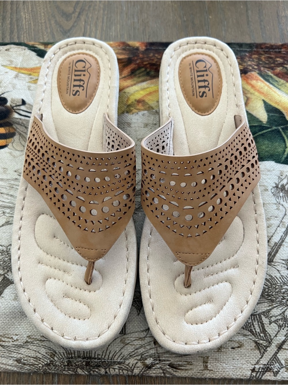 Cliffs by White Mountain Women's Tan Laser-Cut Thong Sandal